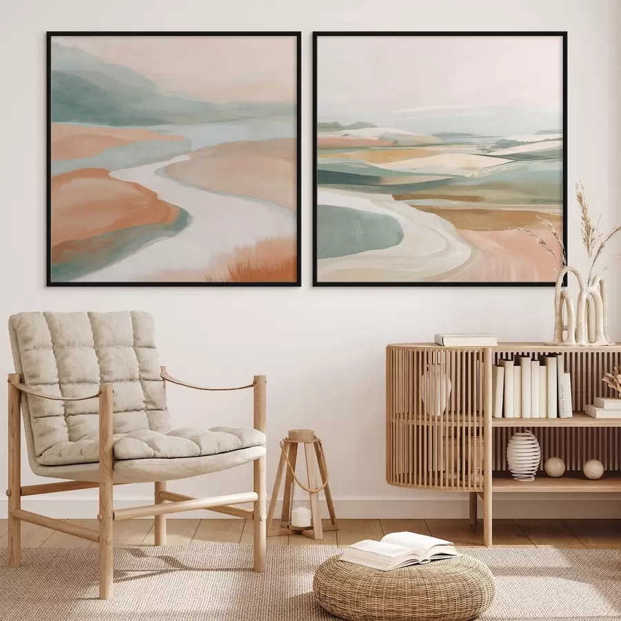 murales de pared Colinas abstractas y río en paleta pastel d00896