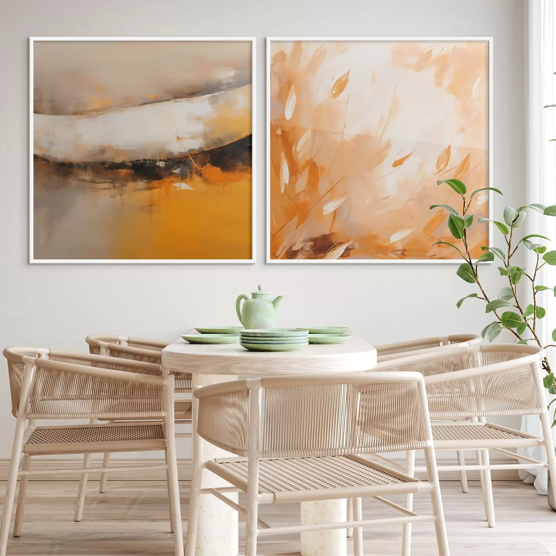 murales de pared Díptico abstracto al óleo en tonos amarillo anaranjado y negro d00897