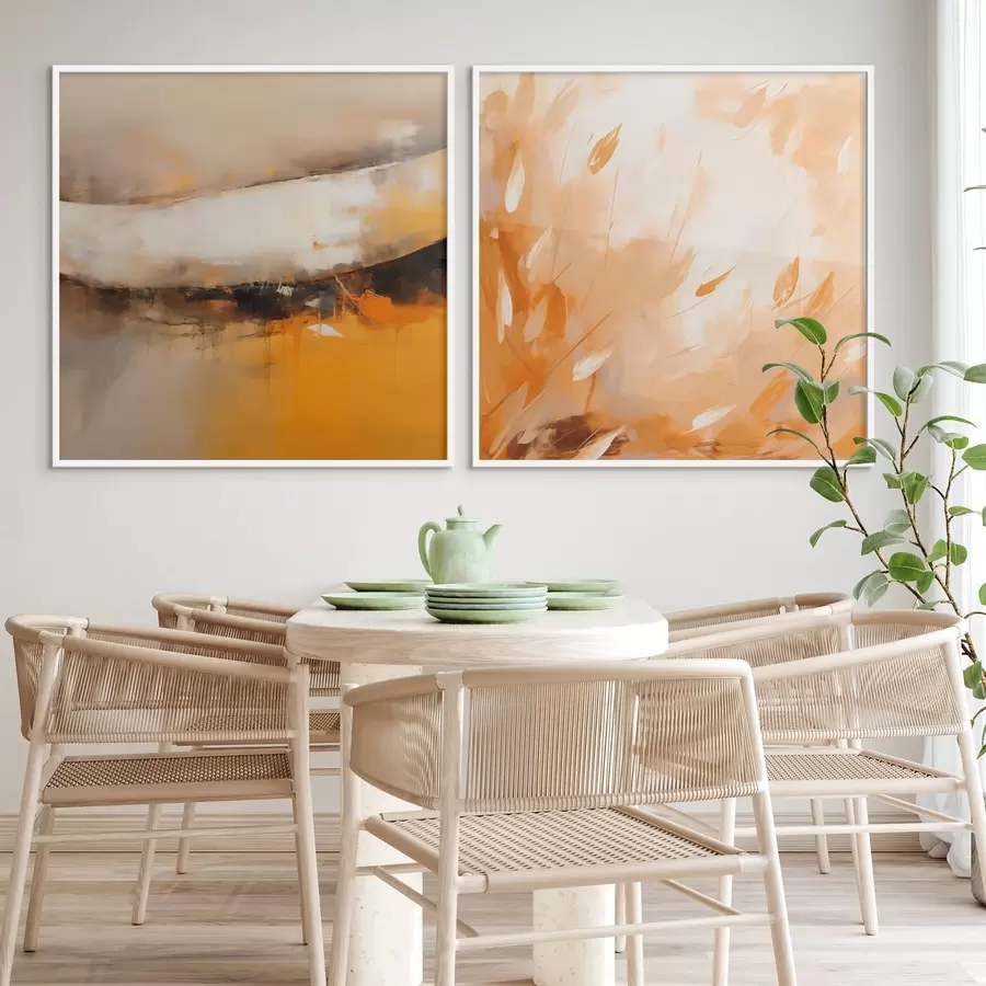 murales de pared Díptico abstracto al óleo en tonos amarillo anaranjado y negro d00897