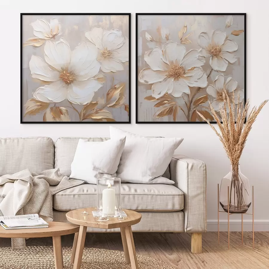 murales de pared Díptico con flores grandes en colores claros y cálidos d00927