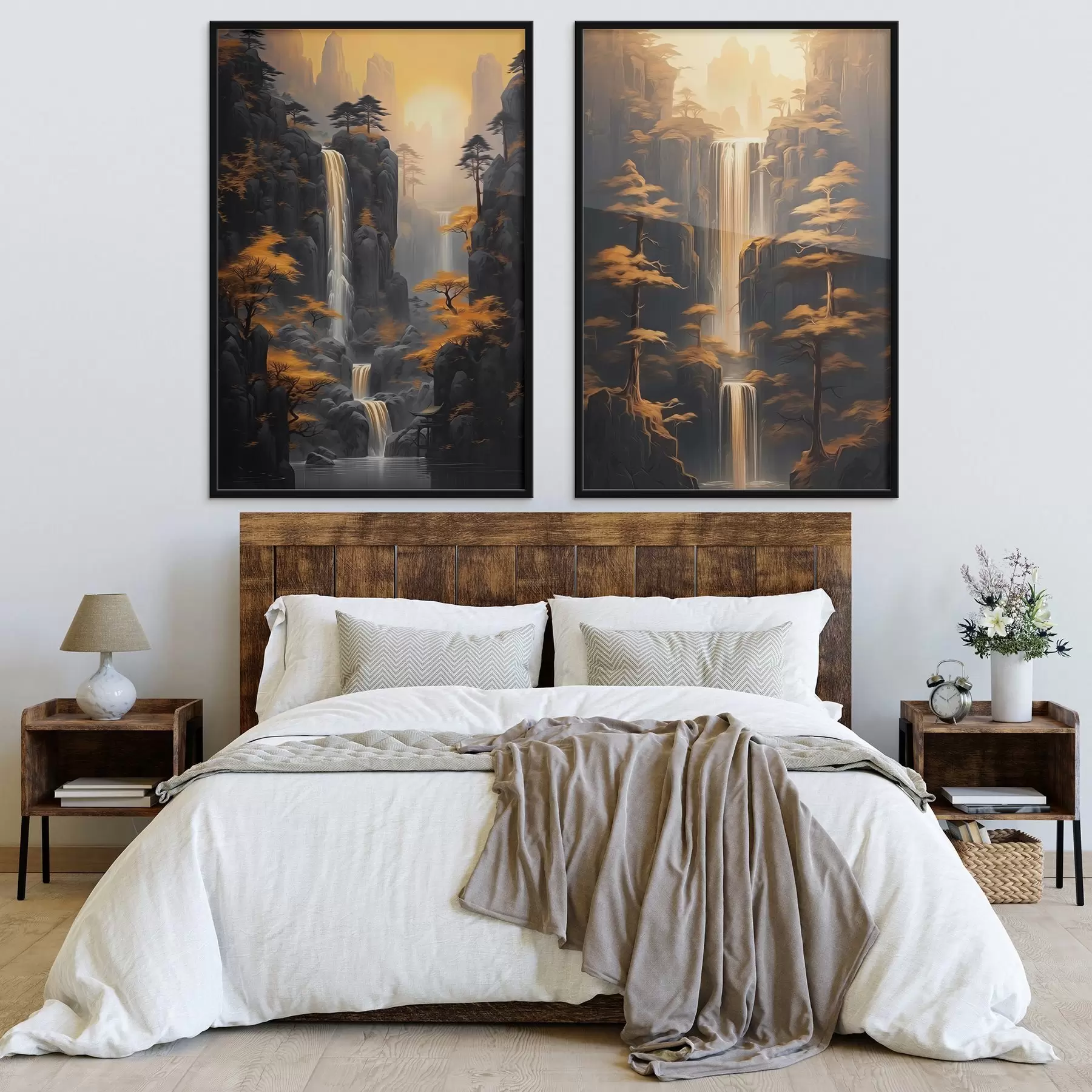 murales de pared Paisaje con cascada y montañas bañadas por una luz dorada d00928