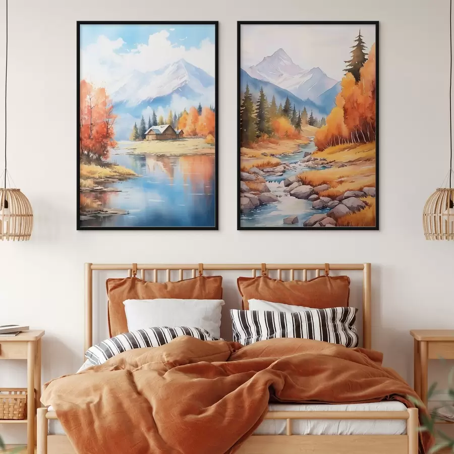 murales de pared Paisaje montañoso otoñal con lago y río d00929