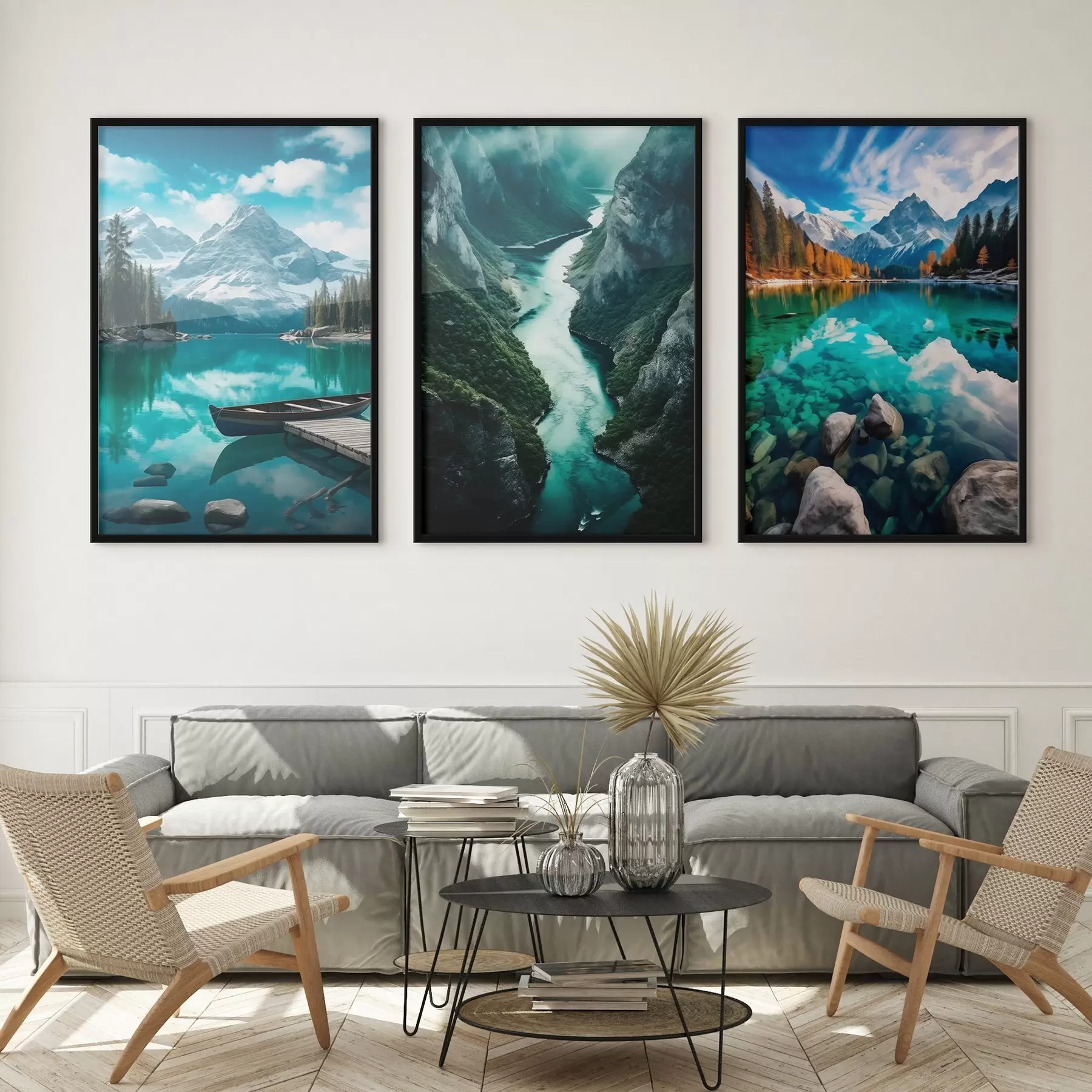 murales de pared Lagos alpinos y vistas al fiordo en frescos tonos verde azulado. d00961