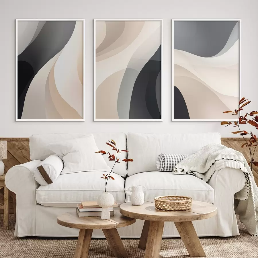 murales de pared Curvas fluidas minimalistas en color crema, gris pardo y negro. d00962