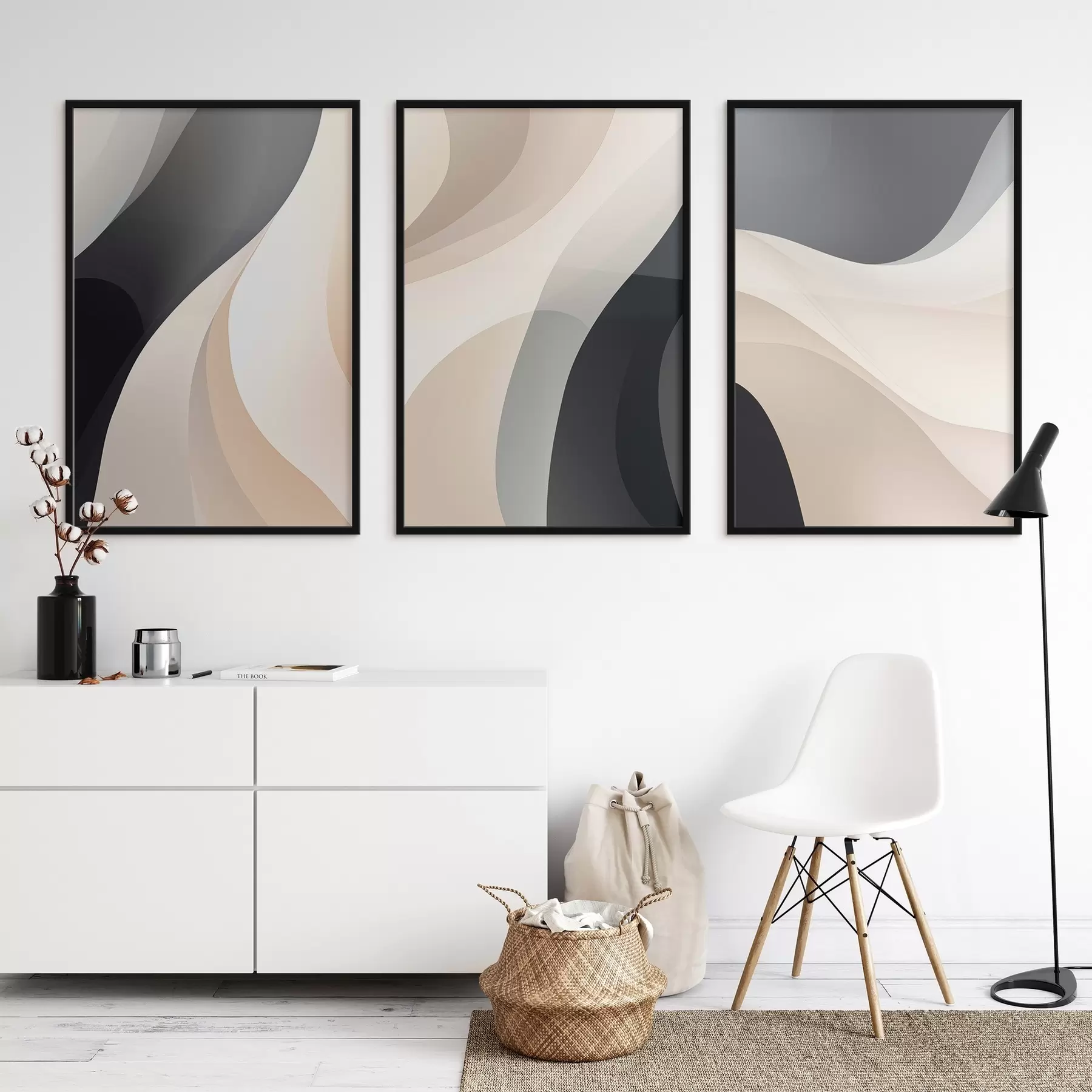 murales de pared Curvas fluidas minimalistas en color crema, gris pardo y negro. d00962