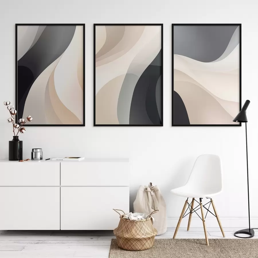 murales de pared Curvas fluidas minimalistas en color crema, gris pardo y negro. d00962