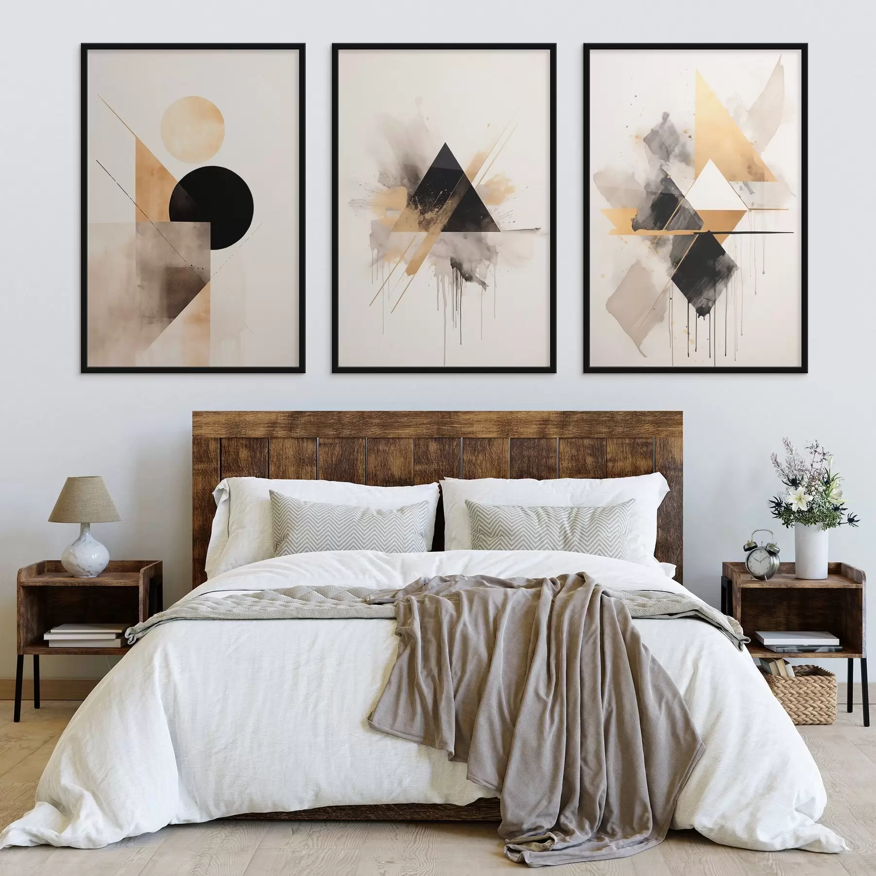 murales de pared Triángulos geométricos con salpicaduras de tinta, negro y ocre. d00963