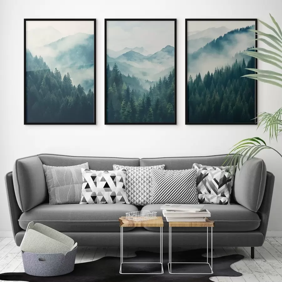 murales de pared Nubladas montañas de pinos cubiertas de suaves tonos verdes y azules. d00964