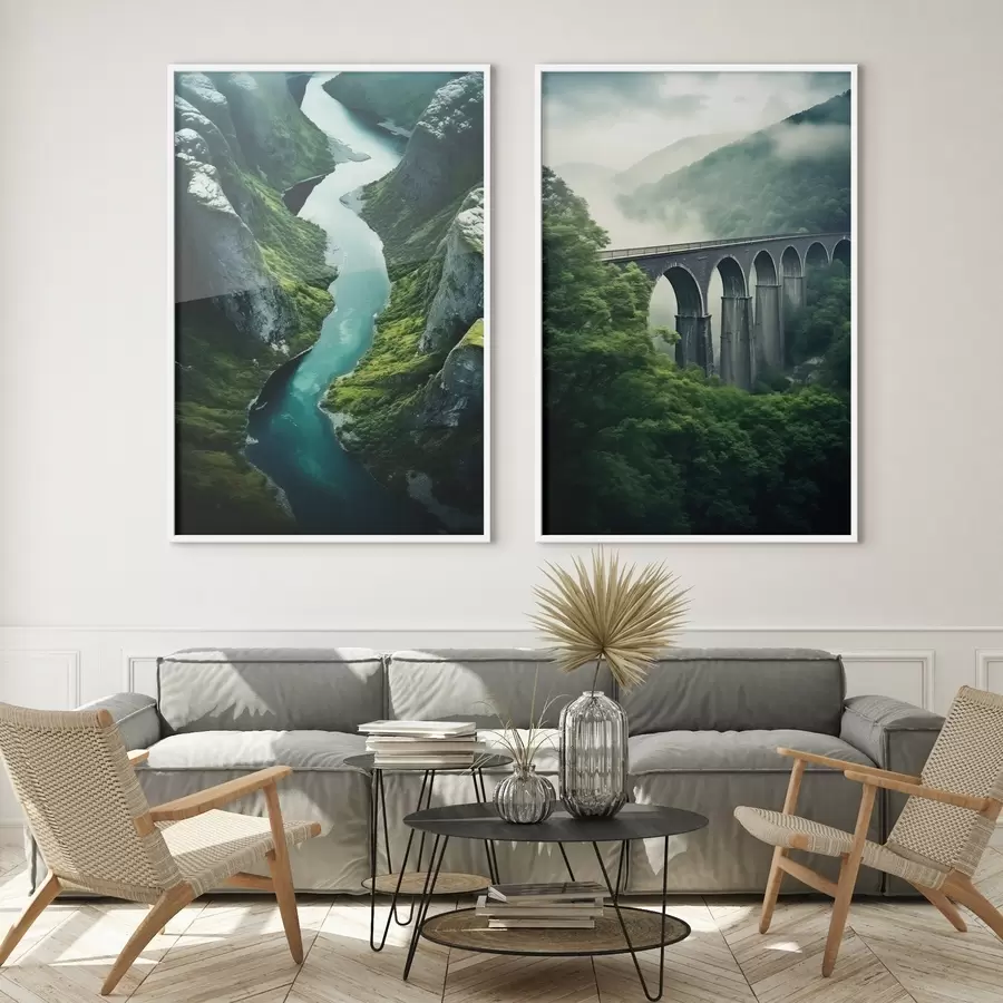 murales de pared Cañón fluvial aéreo y viaducto brumoso entre verdes colinas. d00967