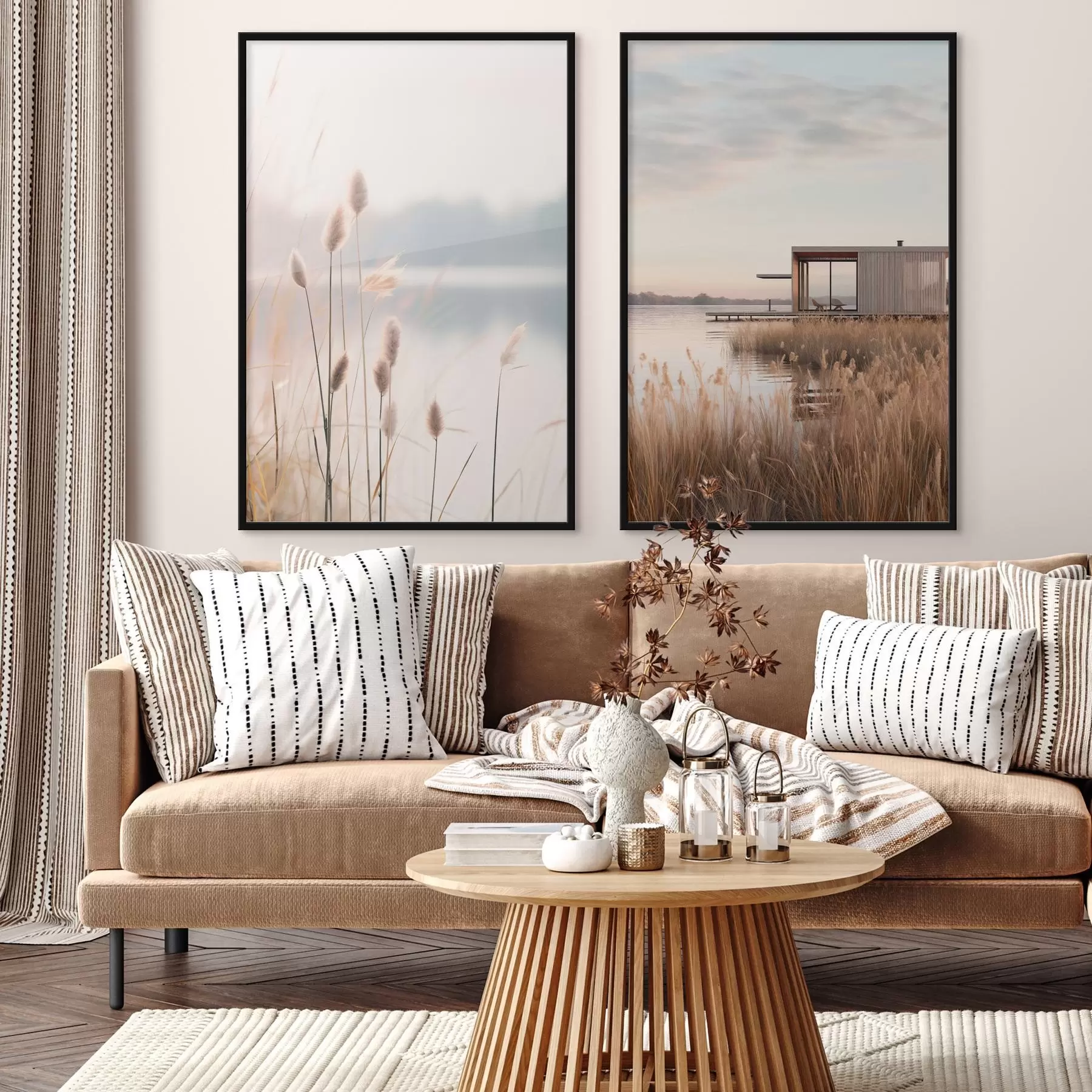 murales de pared Cañas suaves junto a un lago tranquilo y una cabaña moderna en la orilla. d00970