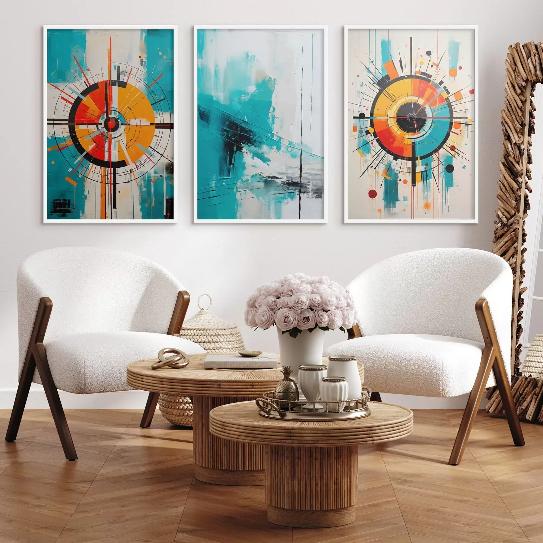 murales de pared Resumen radial con explosiones de color verde azulado y naranja. d00973