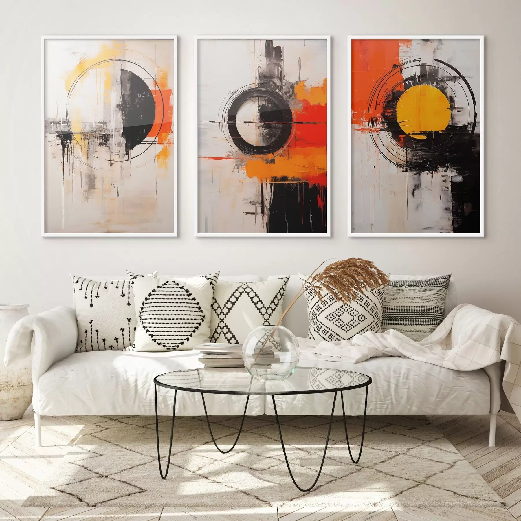 murales de pared Círculos texturizados y trazos gruesos en negro, ocre y naranja. d00974