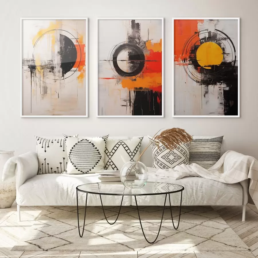 murales de pared Círculos texturizados y trazos gruesos en negro, ocre y naranja. d00974