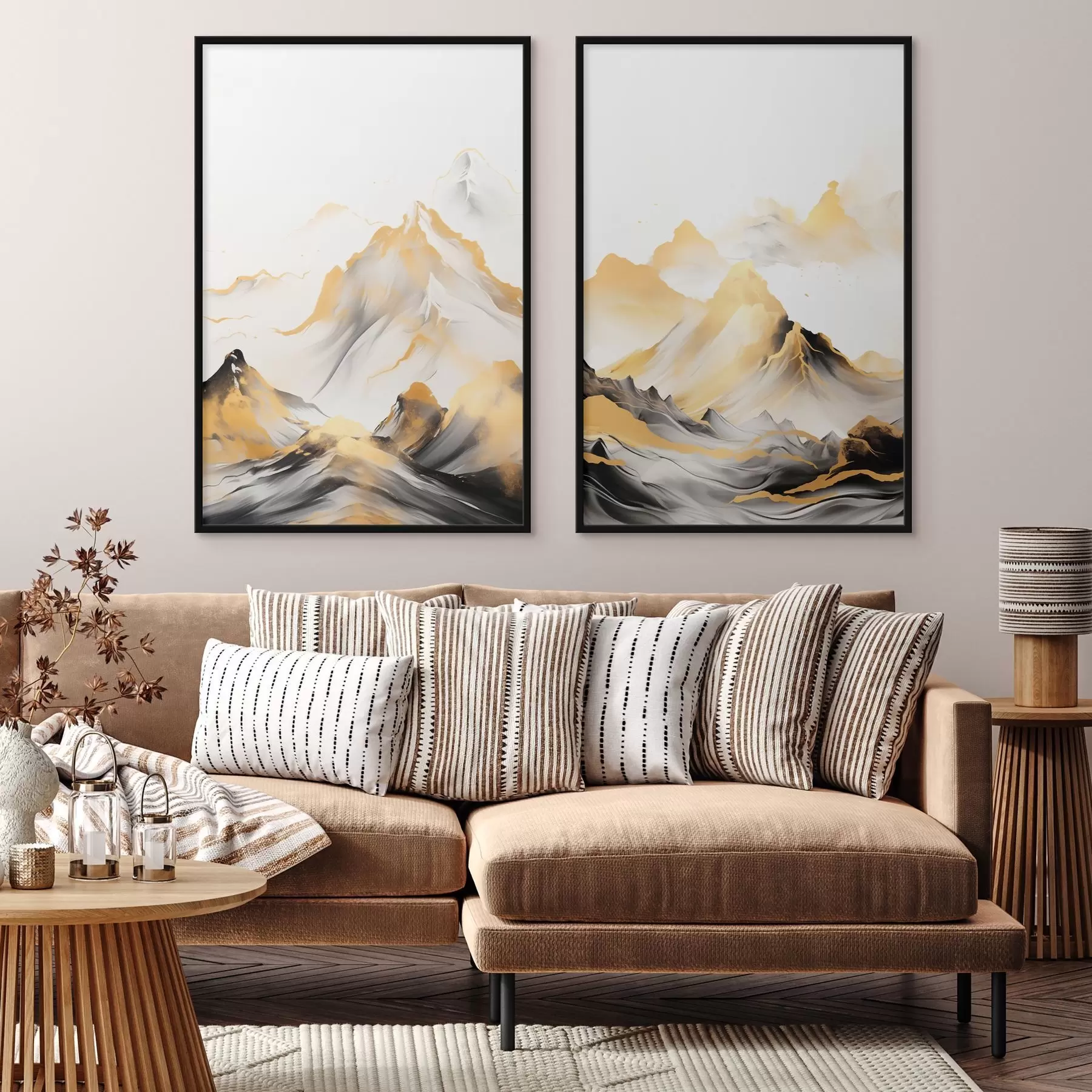 murales de pared Montañas amarillas y negras con picos nevados, estilo de pintura con tinta china, cordillera minimalista. d01002