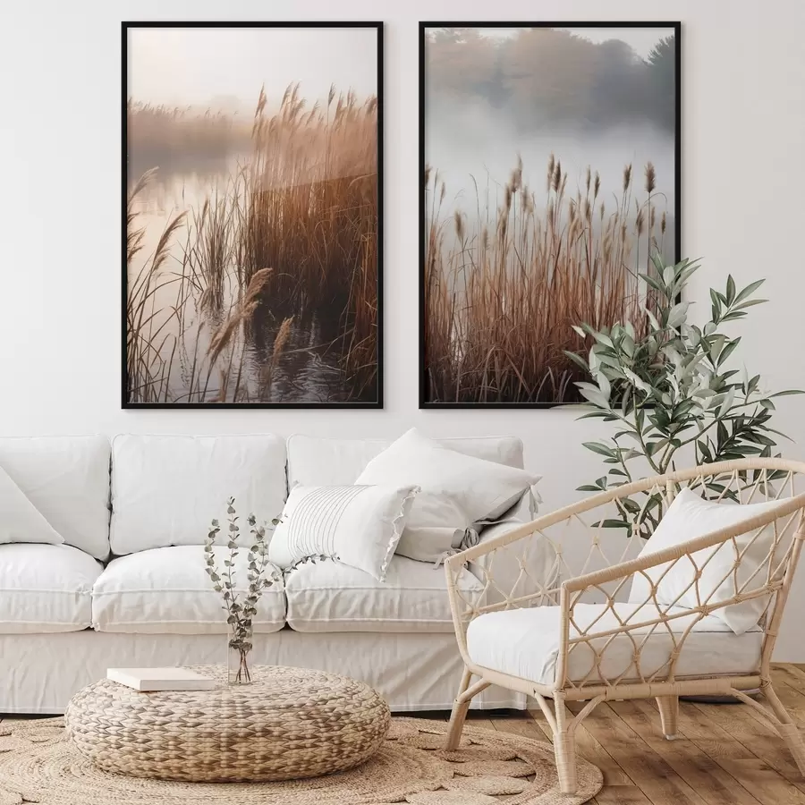 murales de pared Juncos altos que crecen en un cuerpo de agua, el agua refleja los juncos, fondo brumoso, luz suave, escena natural. d01008