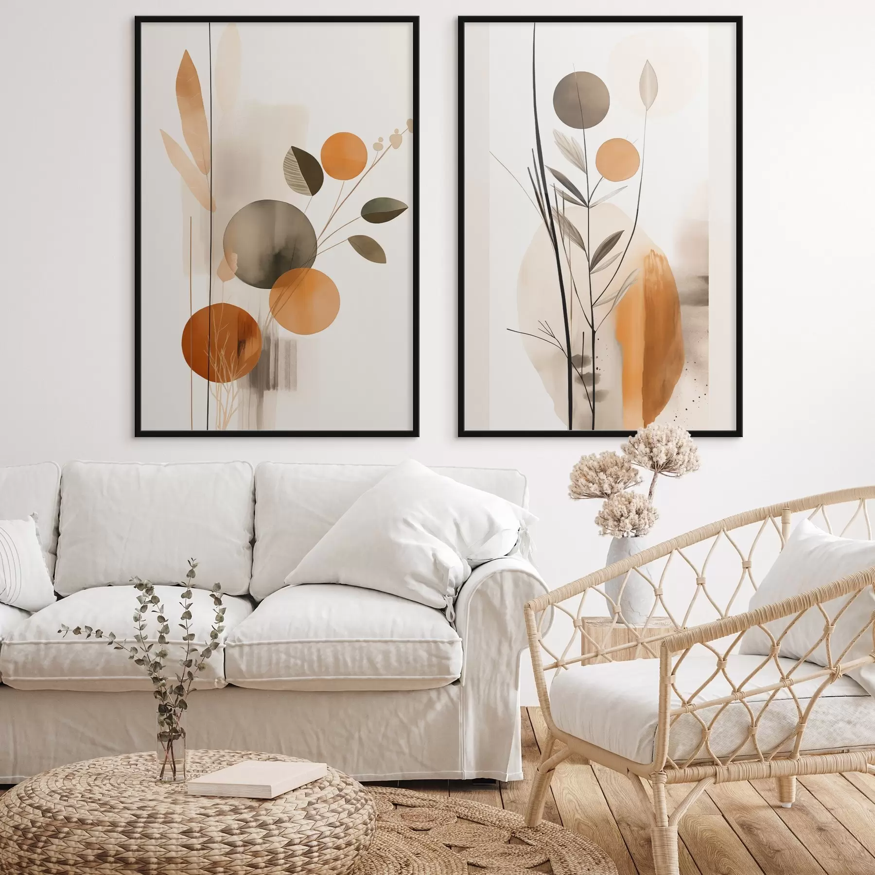 murales de pared Imitación de pintura abstracta con círculos naranjas y grises, hojas y ramas, estilo moderno, efecto acuarela. d01009