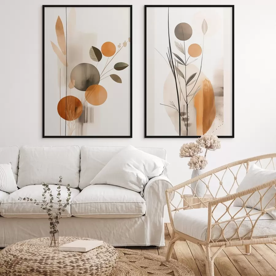 murales de pared Imitación de pintura abstracta con círculos naranjas y grises, hojas y ramas, estilo moderno, efecto acuarela. d01009