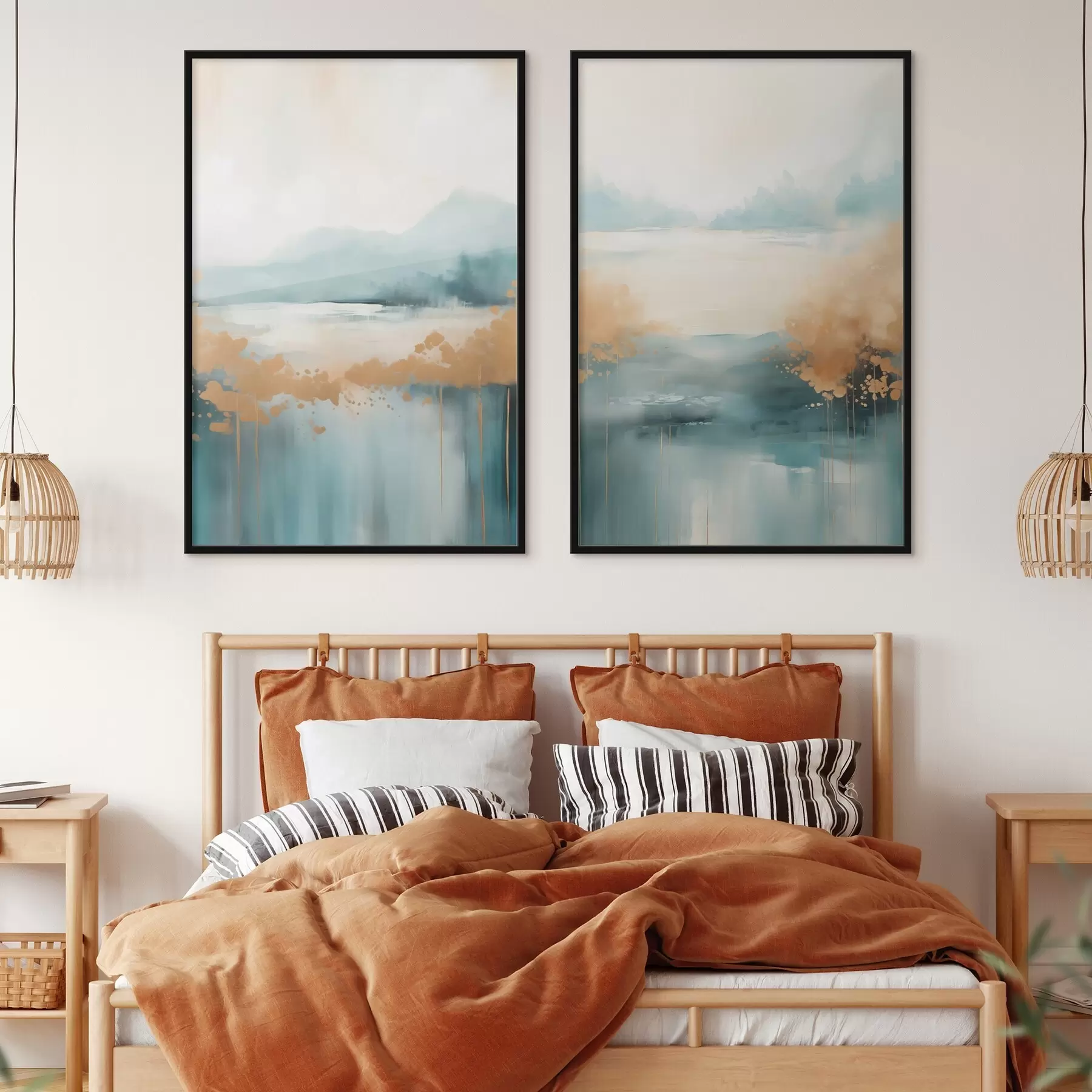 murales de pared Paisaje abstracto con montañas y lago en verde azulado y amarillo texturizado, pinceladas suaves, obra de arte minimalista. d01012