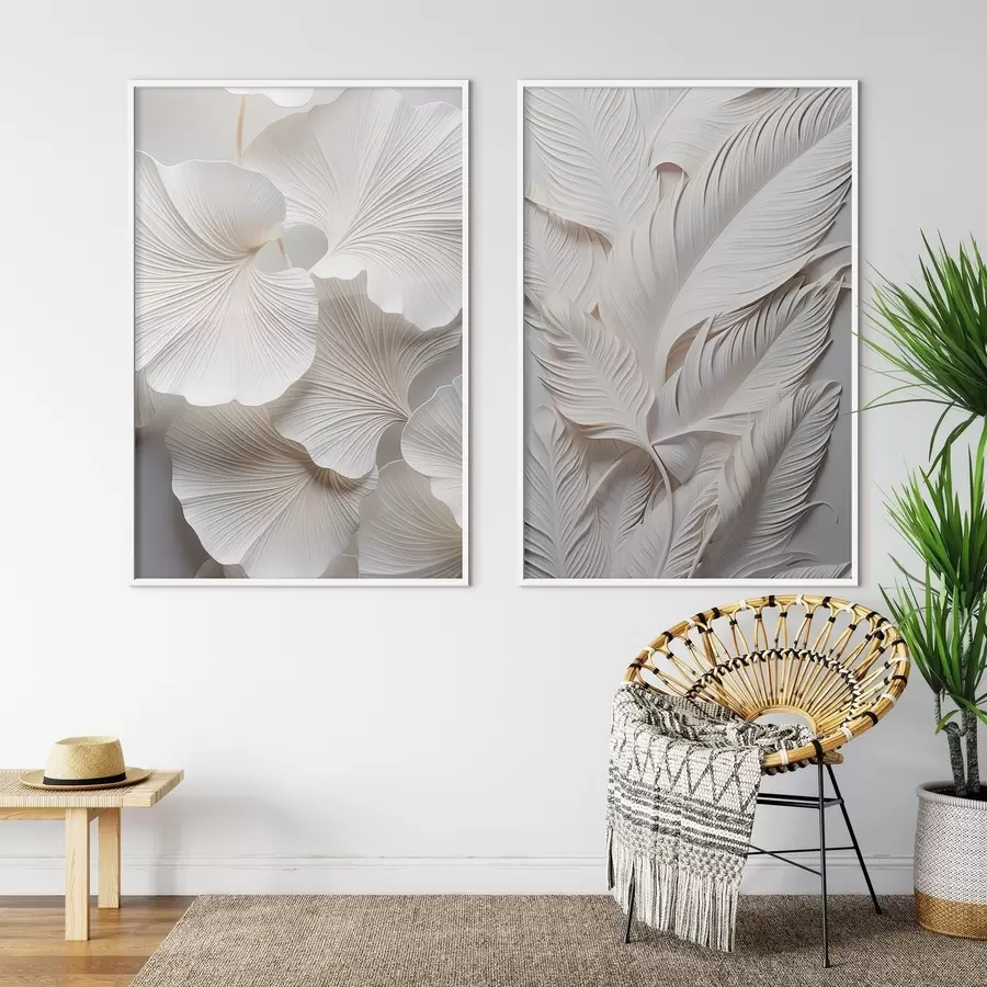 murales de pared Hojas blancas de ginkgo y hojas largas con detalles intrincados, creando un efecto texturizado y en capas, arte minimalista. d01013