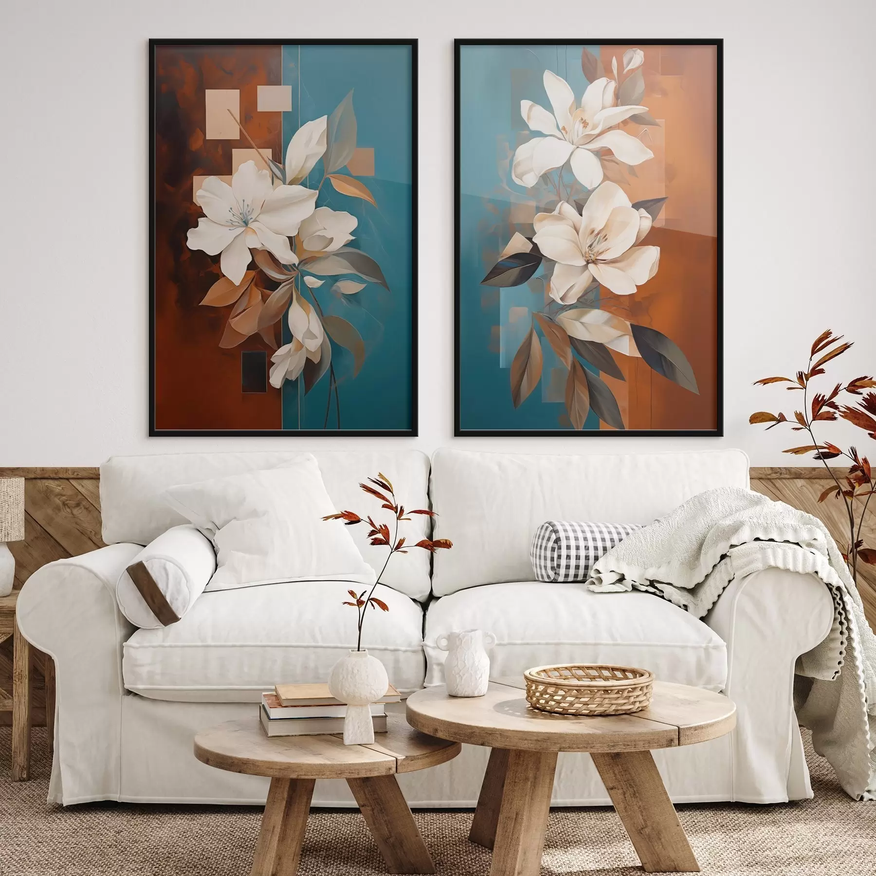 murales de pared Flores y hojas blancas abstractas con un fondo marrón y azul con formas abstractas, en un estilo minimalista. d01015