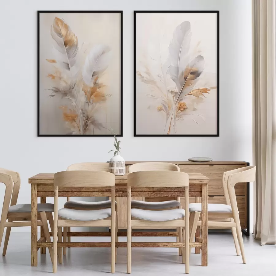 murales de pared Plumas abstractas, rodeadas de plumas beige y marrones, suaves y delicadas, sobre un fondo beige claro. d01016