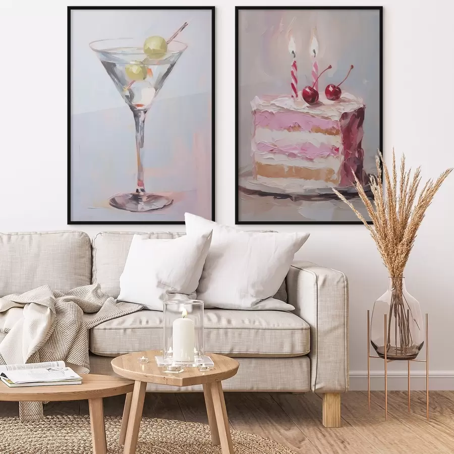 murales de pared Un vaso con una bebida y un trozo de tarta, pintura de imitación. d01019