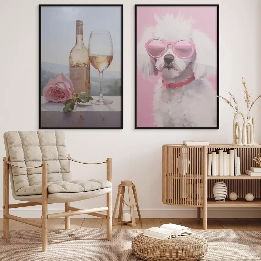 murales de pared Una botella y una copa de vino y un caniche con gafas, pintura de imitación. d01021