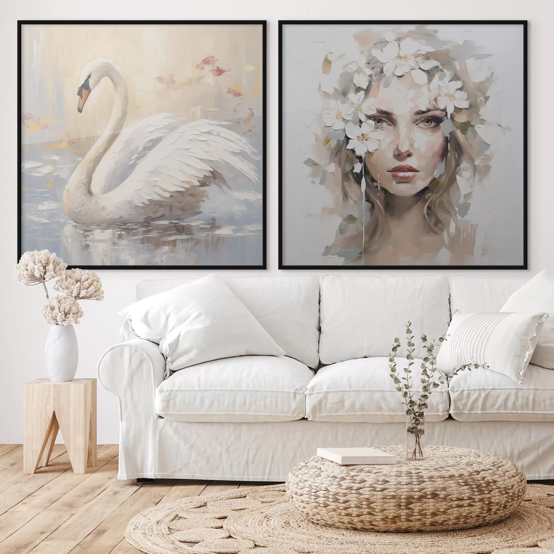 murales de pared Cisne y retrato de una niña, pintura de imitación d01030