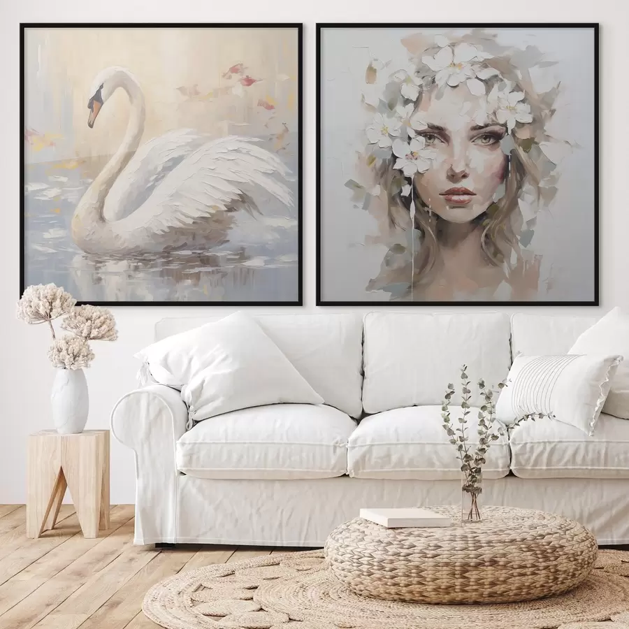 murales de pared Cisne y retrato de una niña, pintura de imitación d01030