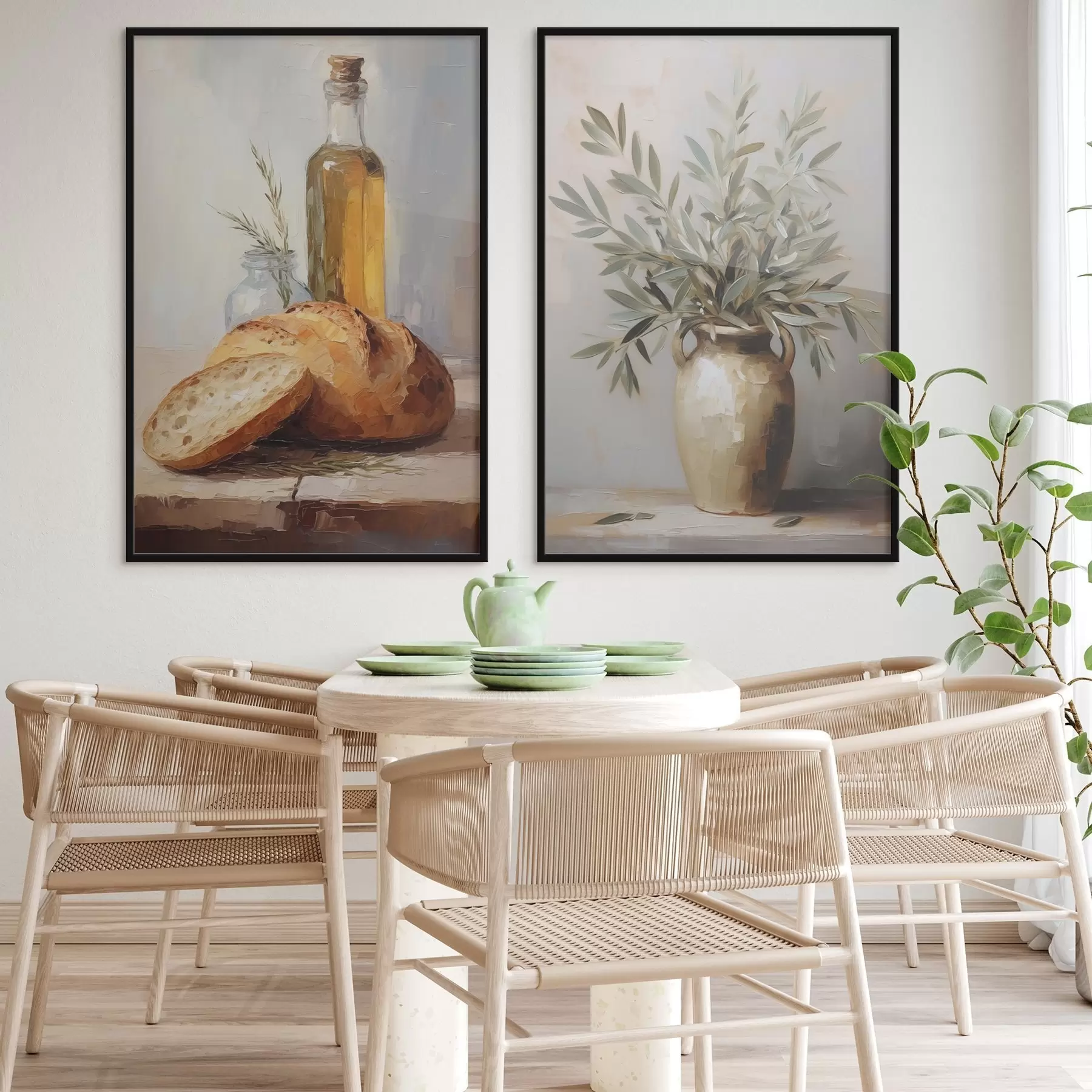 murales de pared Ramas de olivo en un jarrón, pan y una botella de aceite, pintura de imitación. d01035