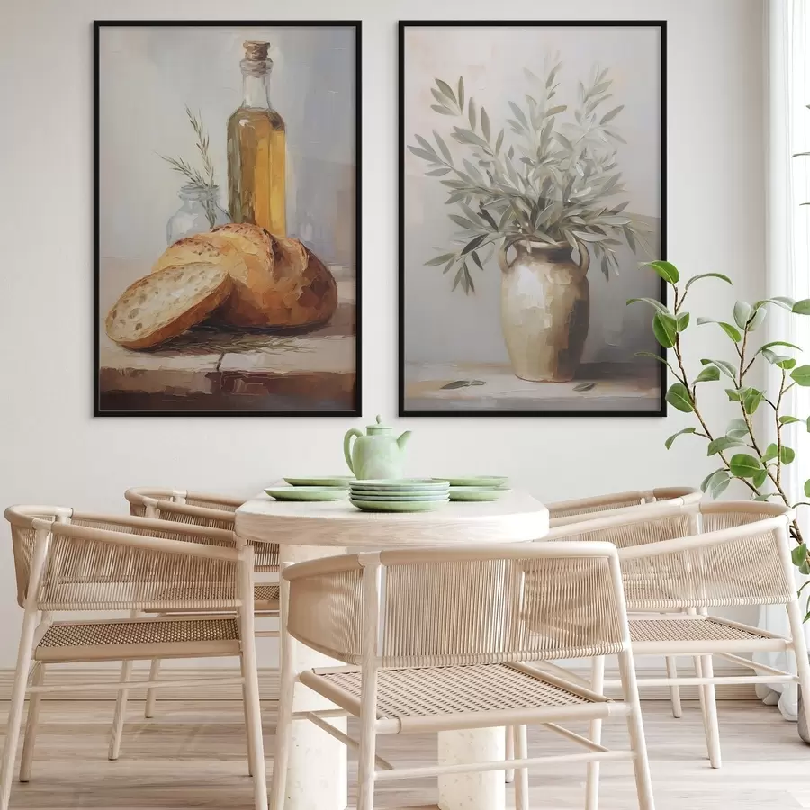 murales de pared Ramas de olivo en un jarrón, pan y una botella de aceite, pintura de imitación. d01035