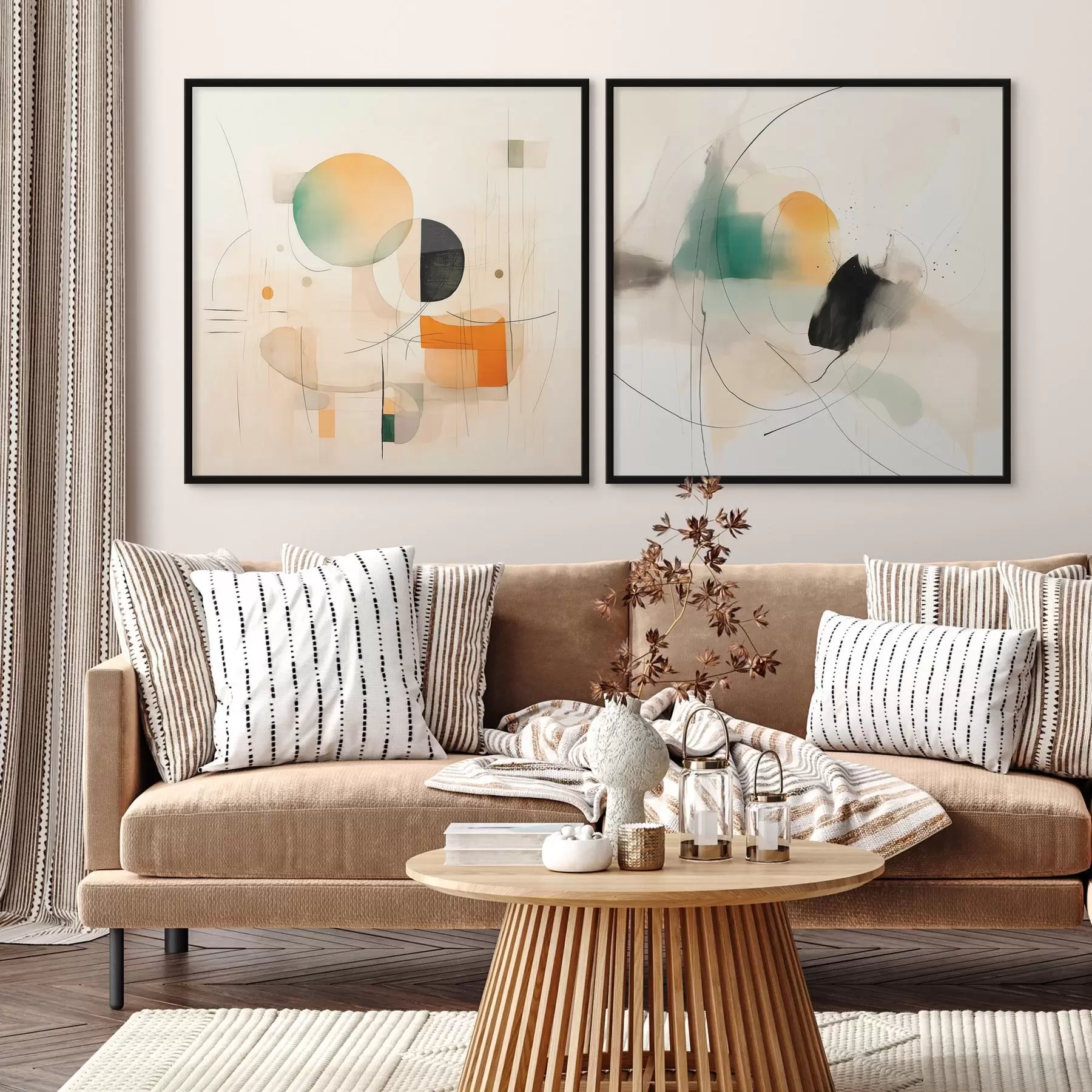 murales de pared Díptico abstracto con formas circulares y líneas dinámicas. d00981