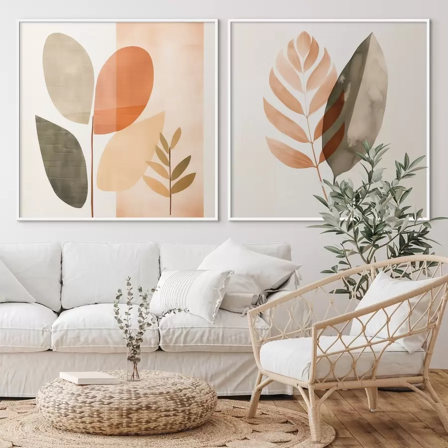 murales de pared Díptico con motivos botánicos en una paleta de colores pastel. d00983