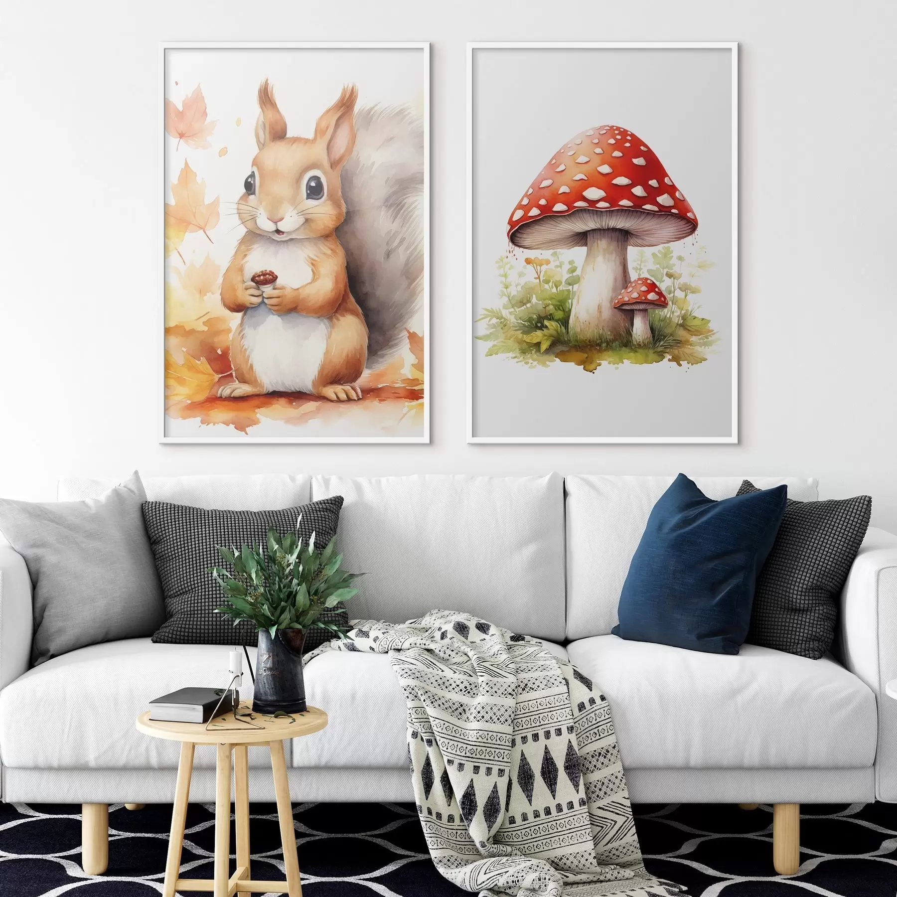 murales de pared Ardilla y seta del bosque, amanita muscaria, imitación de acuarela. d01049