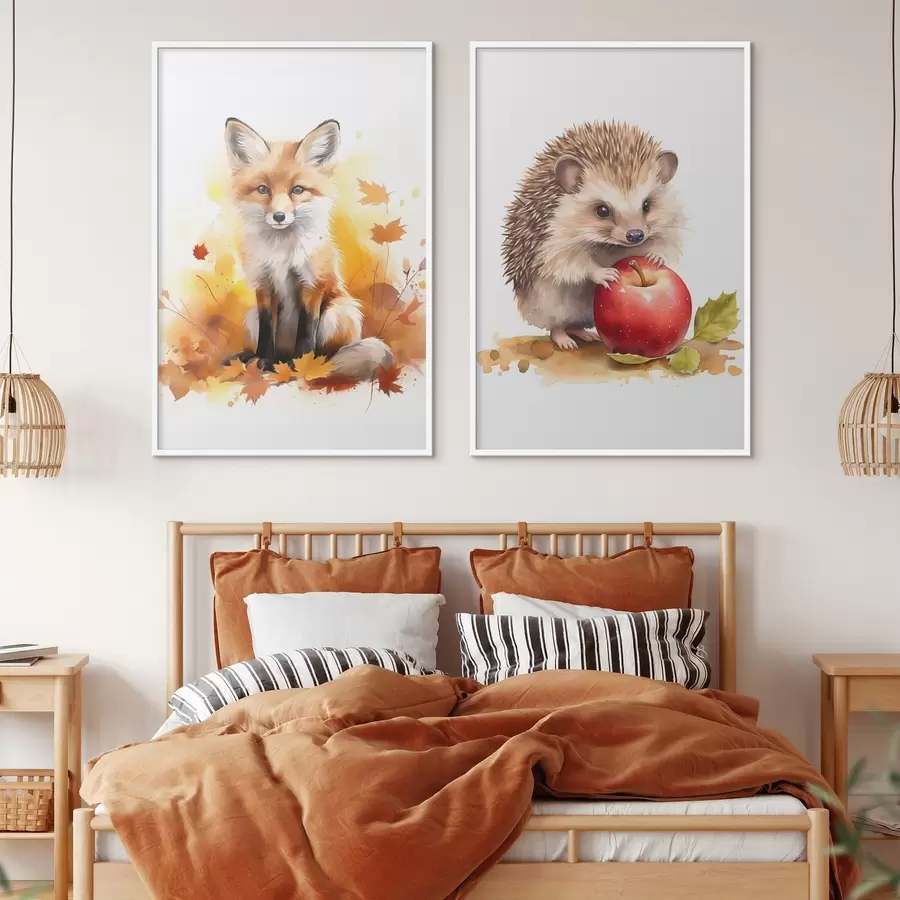 murales de pared Zorro y erizo, imitación acuarela d01050