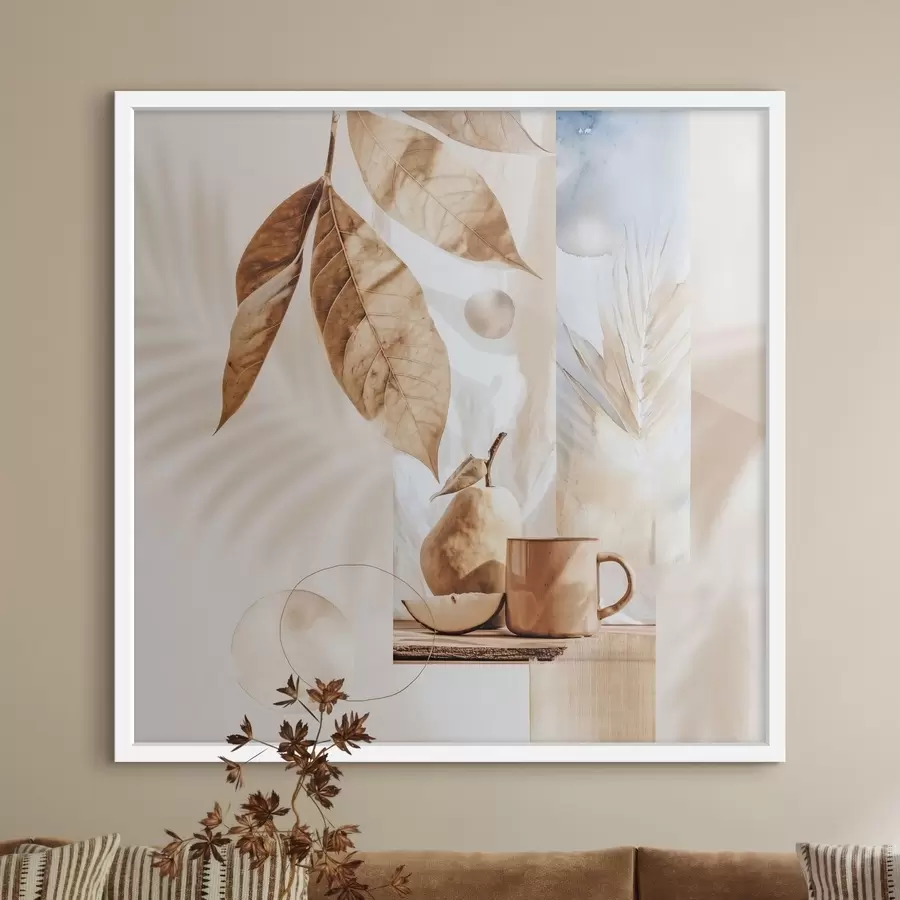 murales de pared Resumen con hojas, pera y taza f47047