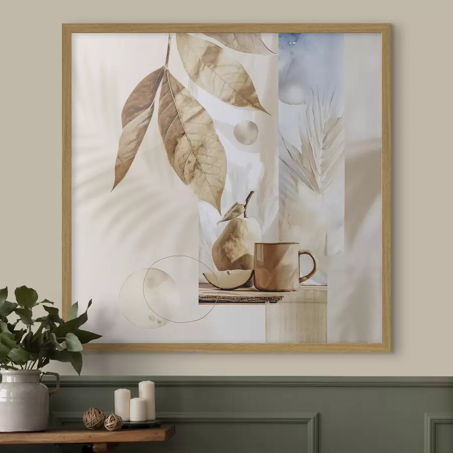 murales de pared Resumen con hojas, pera y taza f47047