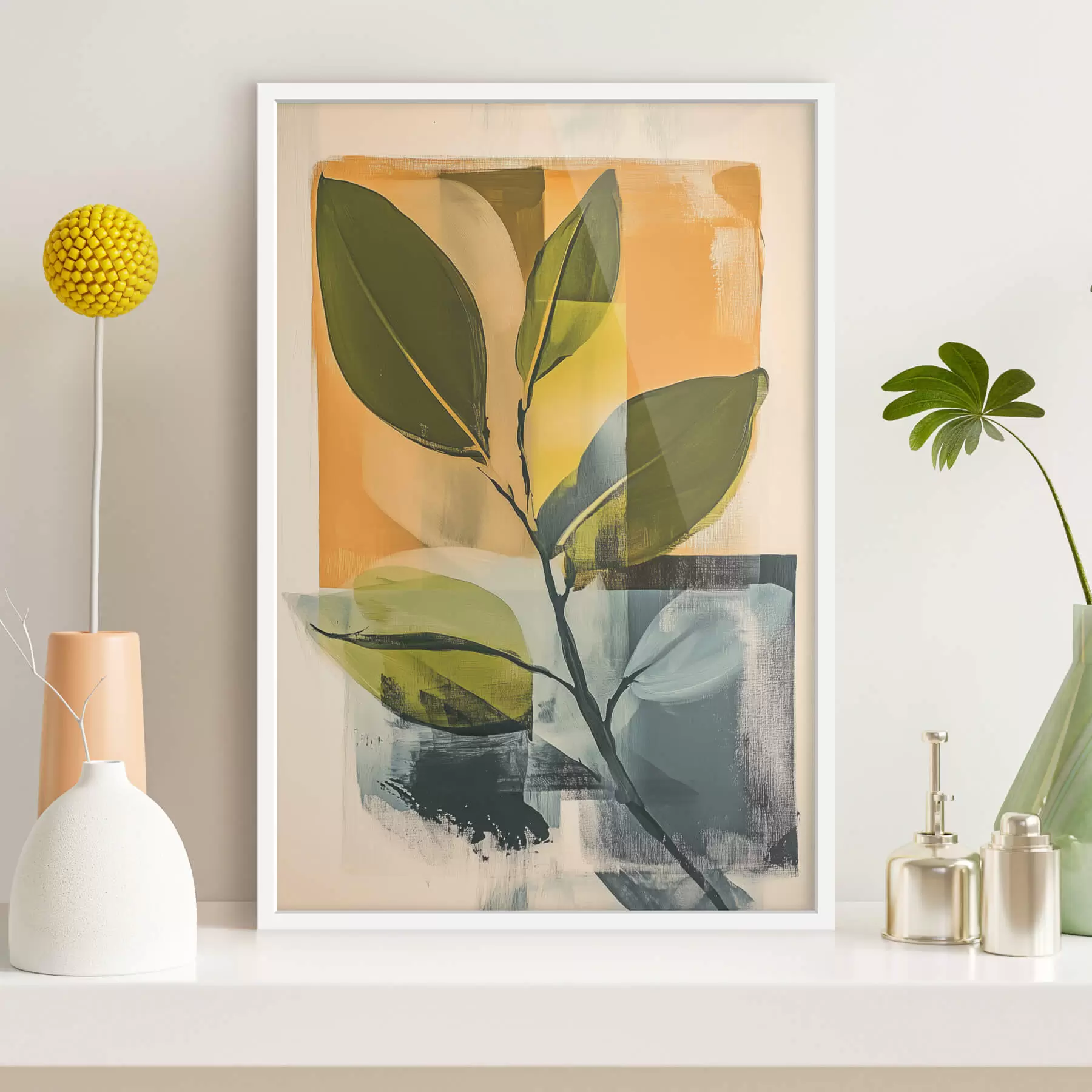 murales de pared Una rama con hojas sobre un fondo abstracto. f47250