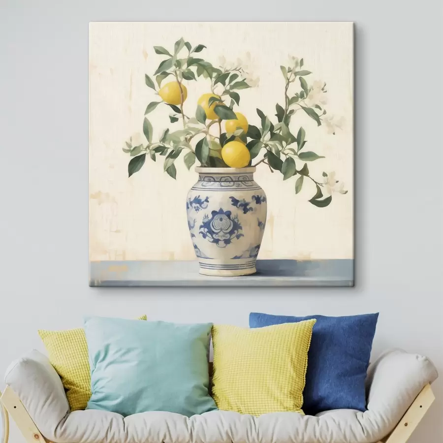 murales de pared Limones en un jarrón de cerámica azul y blanco al estilo de una pintura al óleo. s46924