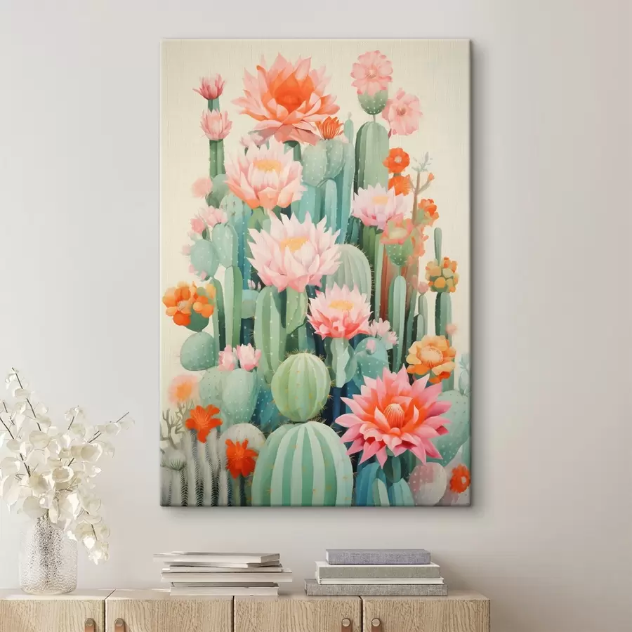 murales de pared Cactus en flor con flores rosas y naranjas en estilo ilustrativo. s46934