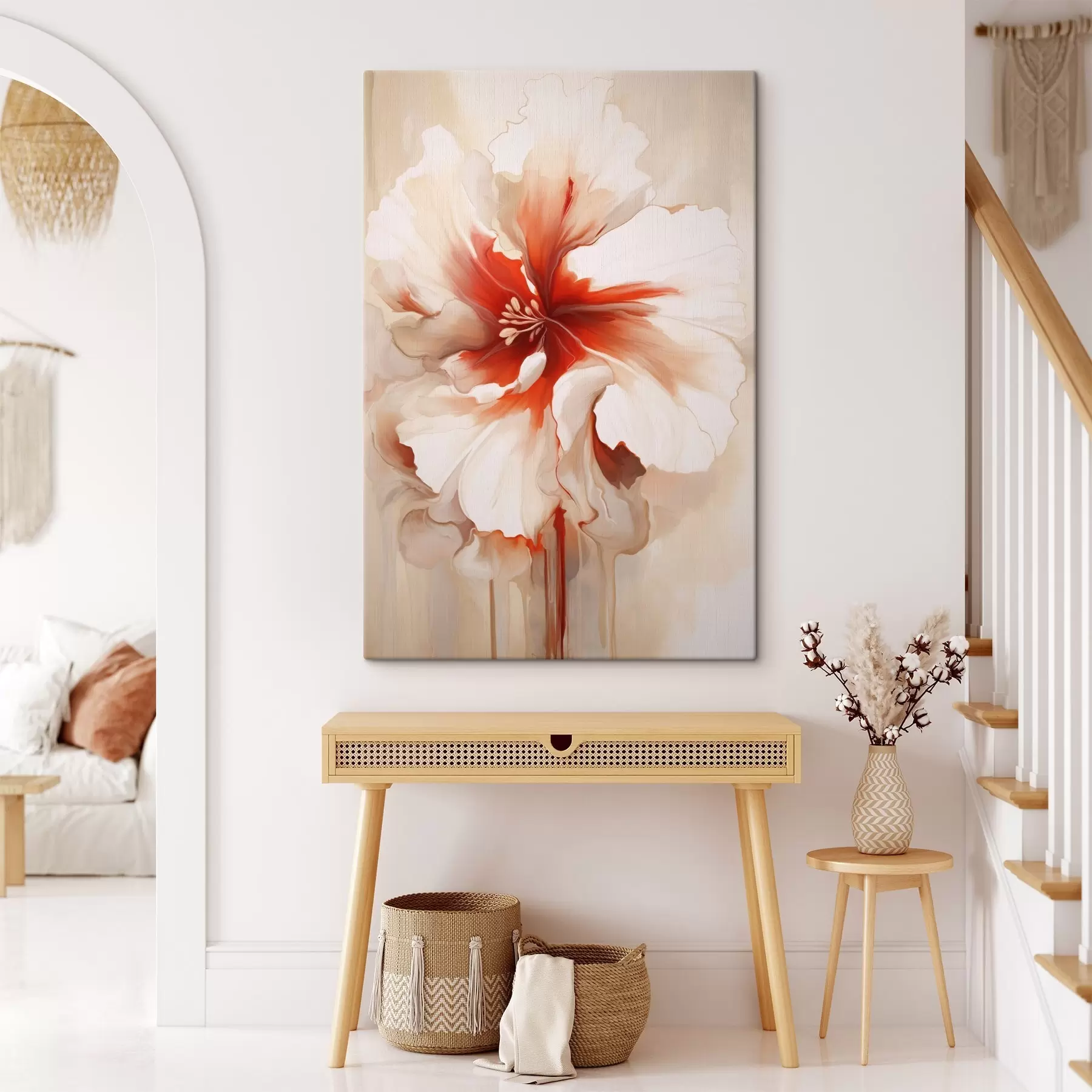 murales de pared Primer plano de una flor blanca y roja con pétalos semitransparentes y gotas de pintura fluidas. s46941