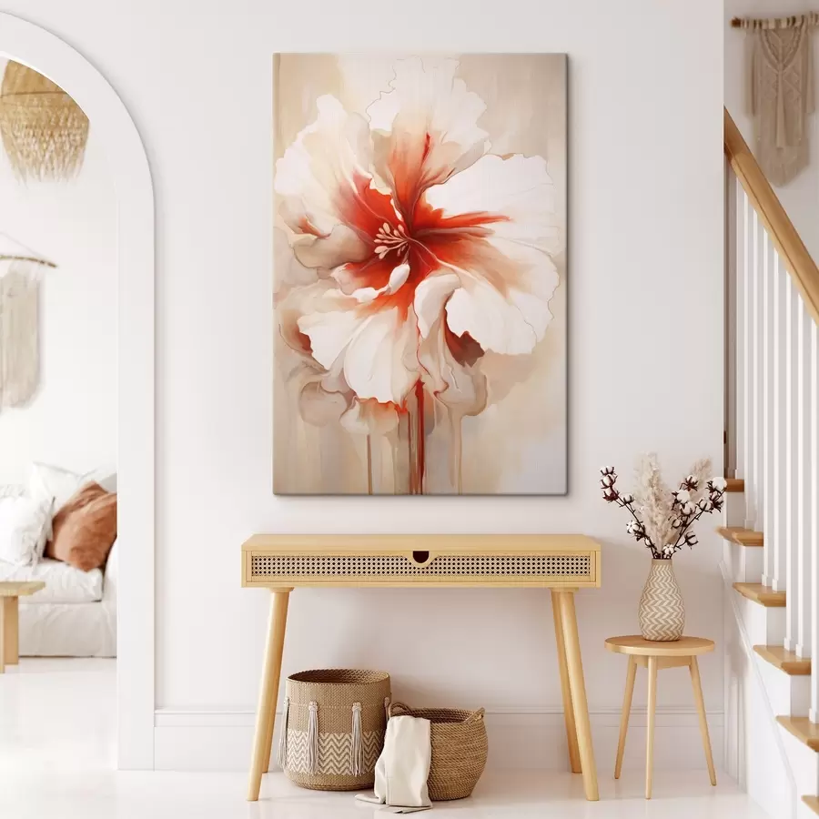 murales de pared Primer plano de una flor blanca y roja con pétalos semitransparentes y gotas de pintura fluidas. s46941