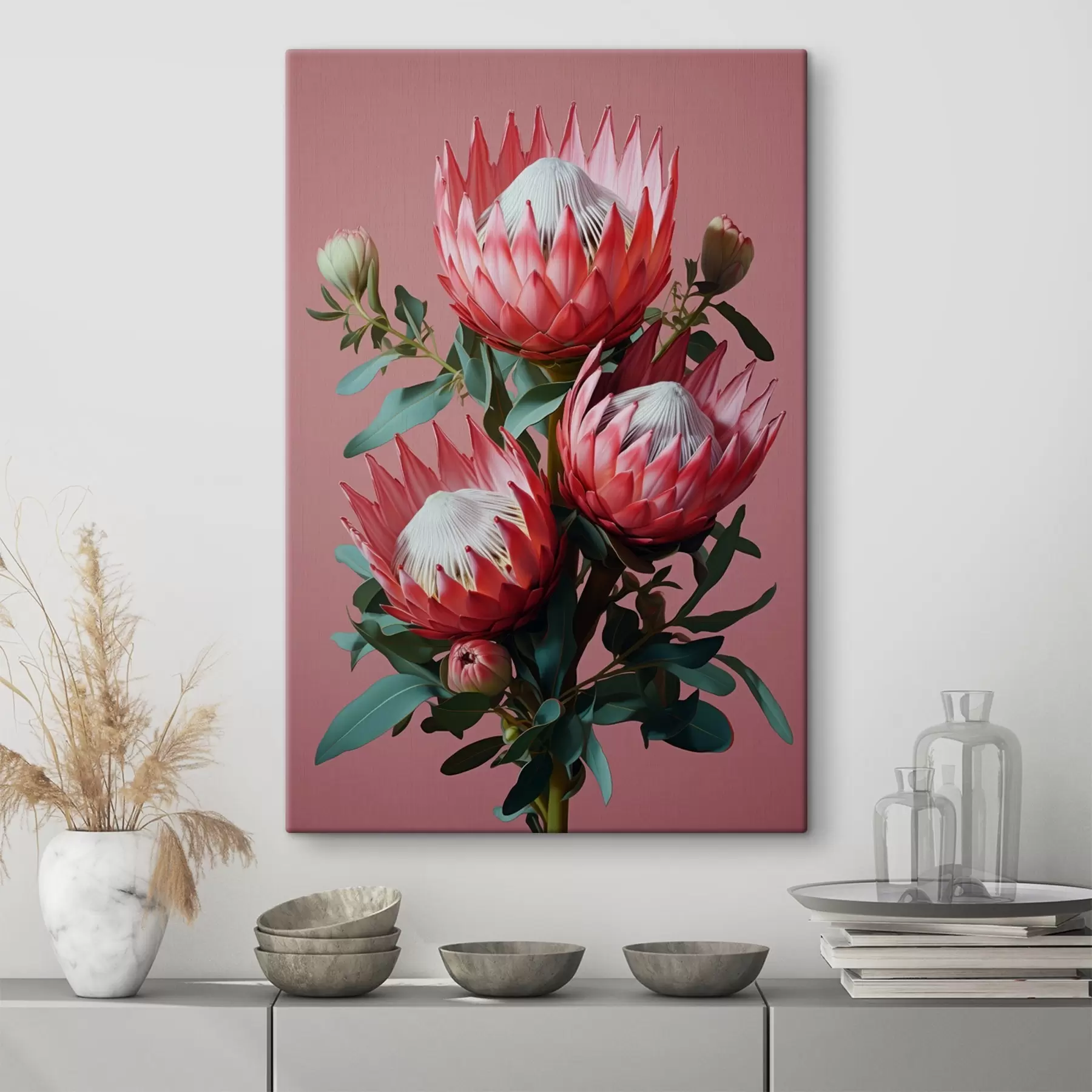 murales de pared Ramo de proteas con pétalos rojos y follaje verde sobre fondo rosa. s46946
