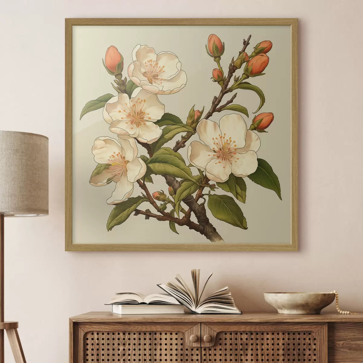 Poster Rama florecida con flores blancas sobre fondo beige al estilo de una ilustración clásica. f46923