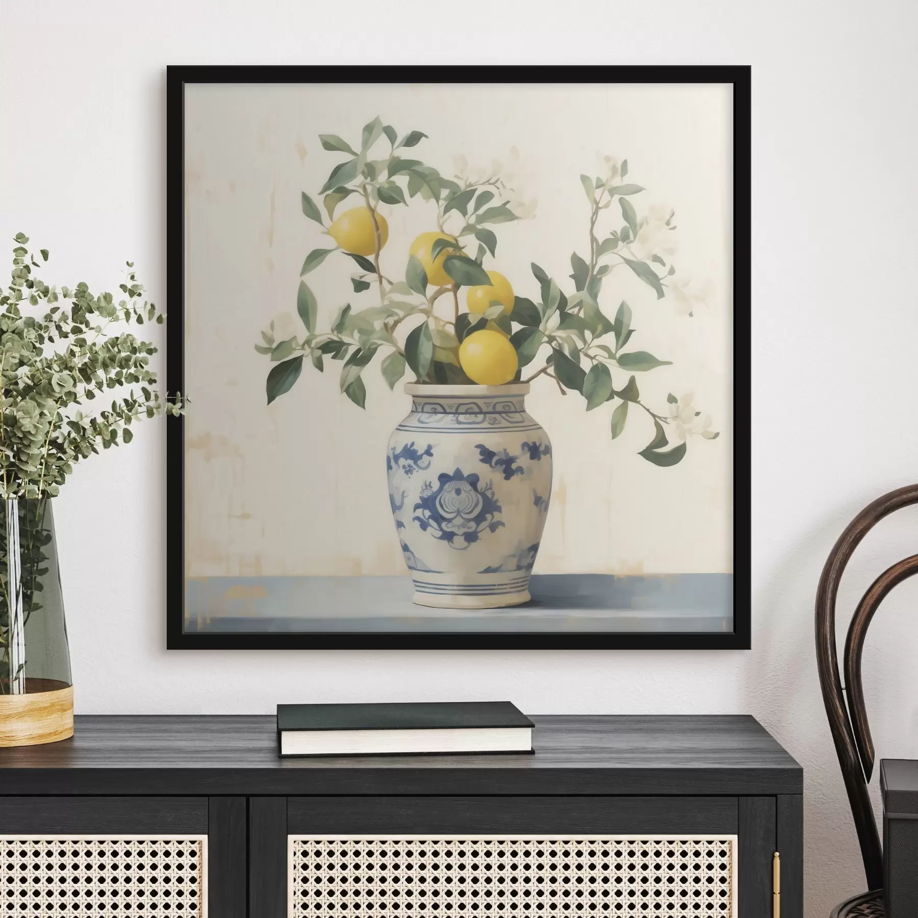 murales de pared Limones en un jarrón de cerámica azul y blanco al estilo de una pintura al óleo. f46924