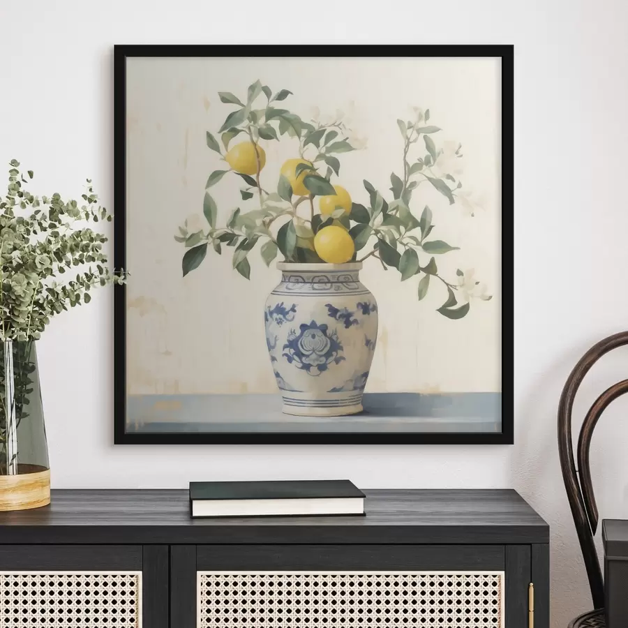 murales de pared Limones en un jarrón de cerámica azul y blanco al estilo de una pintura al óleo. f46924