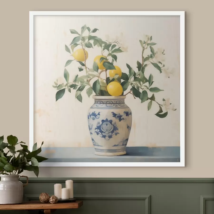 murales de pared Limones en un jarrón de cerámica azul y blanco al estilo de una pintura al óleo. f46924