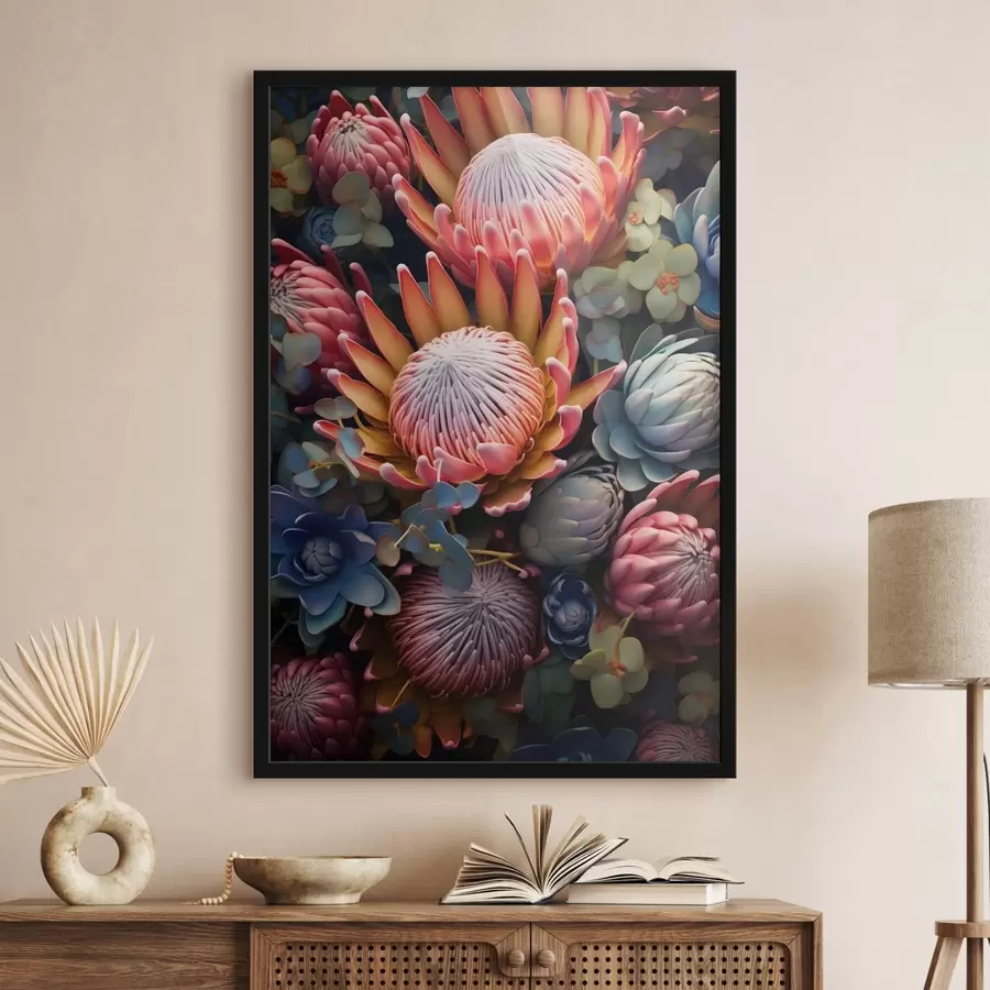 murales de pared Composición de proteas, eucaliptos y suculentas en un estilo artístico digital fotorrealista. f46925