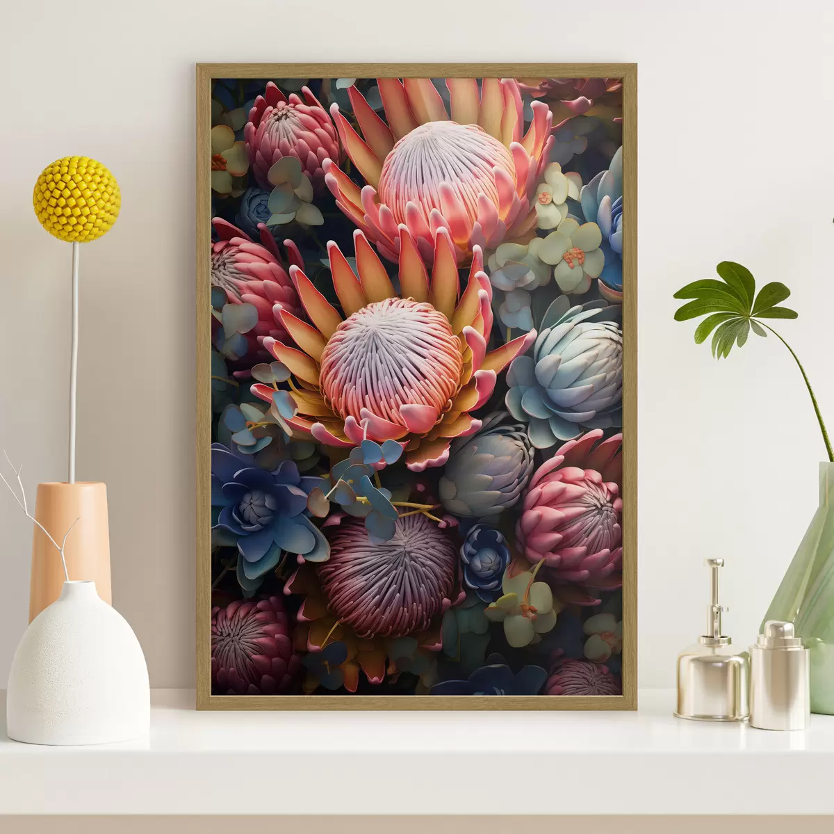 Poster Composición de proteas, eucaliptos y suculentas en un estilo artístico digital fotorrealista. f46925
