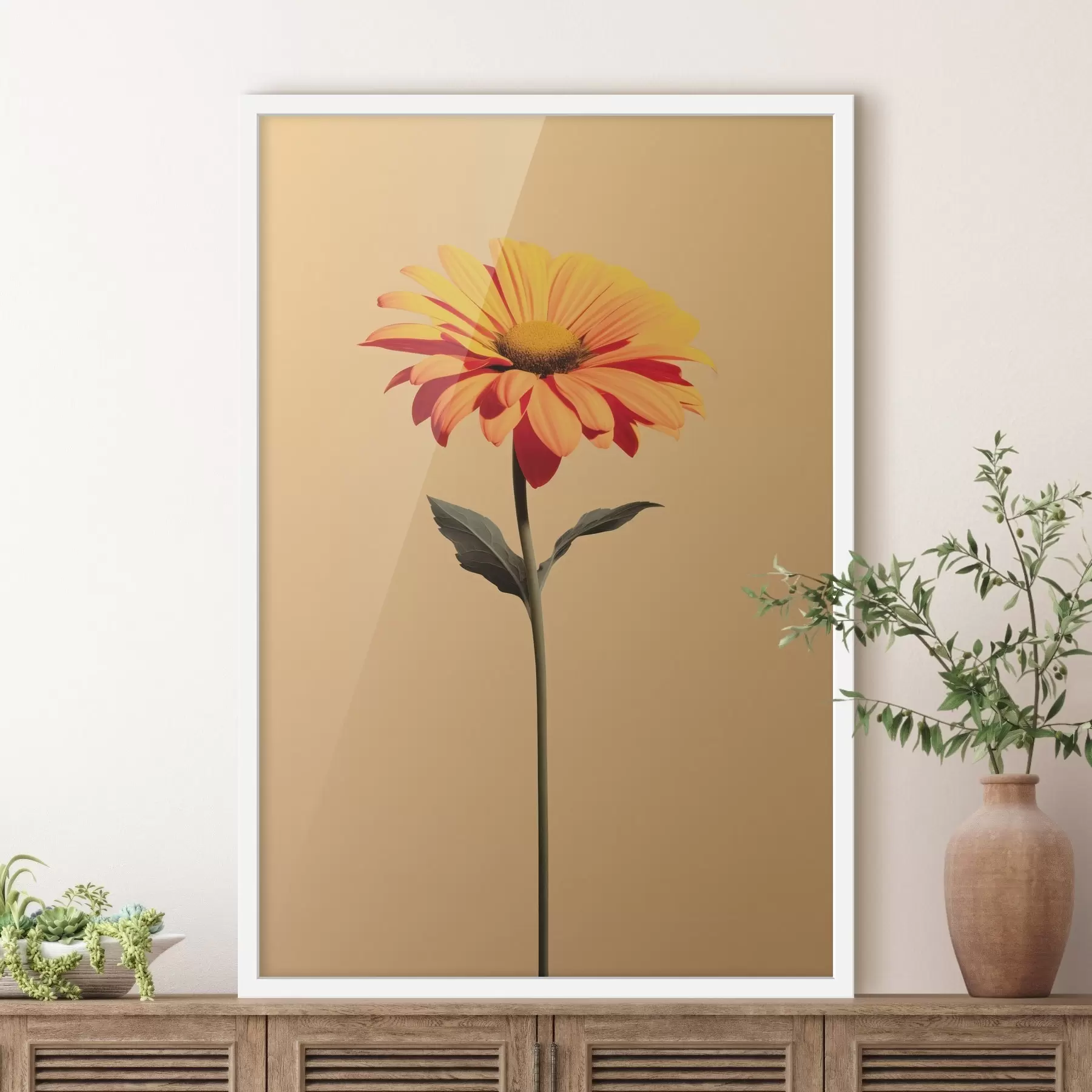 murales de pared Flor de gerbera sobre fondo liso con luz suave en estilo minimalista f46928